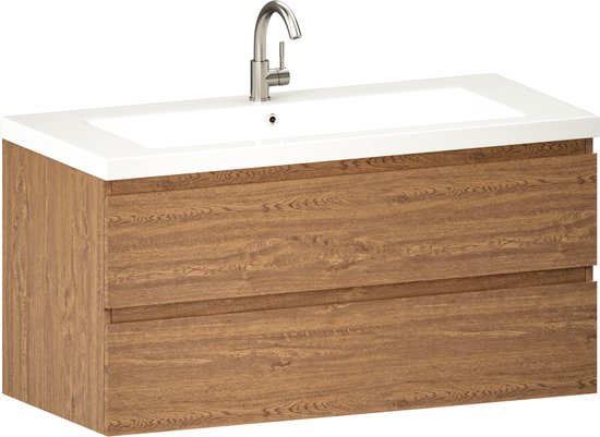 Mirlux Meuble de salle de bains Chêne chaud 100 cm - Lavabo Blanc - Ensemble de meubles de salle de bains - Meuble lavabo Chêne chaud