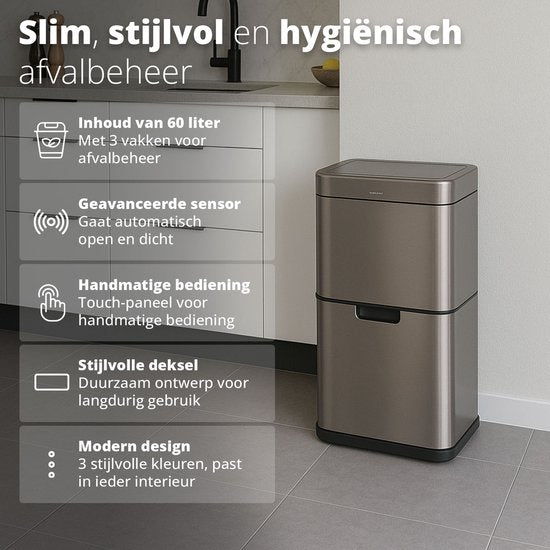 FlinQ Senzaro - 60L Trash Bin Waste Separation - Poubelle - Poubelle de tri - Poubelle - Détecteur de mouvement - Inox
