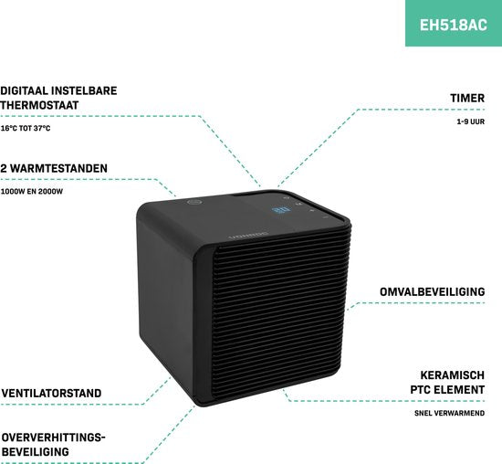 VONROC Chauffage électrique - chauffage soufflant - 1000W/2000W - Céramique - 3 réglages - affichage LED - thermostat et minuterie - 20m2
