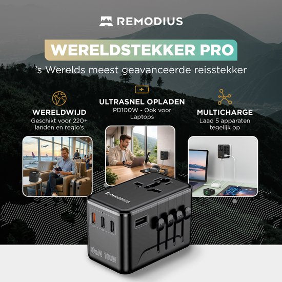 Remodius® World Plug PRO - 220+ pays - Prise de voyage universelle avec PD100W Ultra USB C Fast Charging pour ordinateurs portables, téléphones, tablettes et autres - 3x USB-C - 1x USB-A