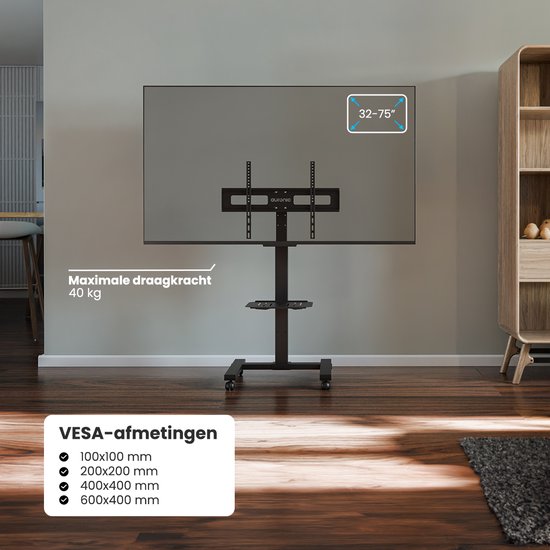 Auronic TV Stand - Pied TV - Mobile - Rotatif - Réglable - Inclinable - Roues avec frein - 32 à 75 pouces - Noir