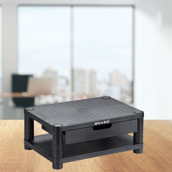 BRASQ Support de moniteur noir MS200 - Réglable en hauteur - Convient pour moniteur, tablette et smartphone 24x15x6,3 cm