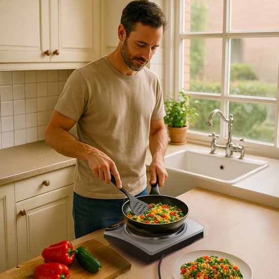 KitchenBrothers Table de cuisson électrique - 1 brûleur - pose libre - 7 niveaux de température - 1500W - inox/noir