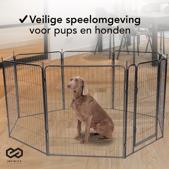 Infinity Goods Dog Run - Parc à chiots - 8 panneaux - 80 x 80 CM - 640 CM de circonférence - pliable - avec porte - acier - noir