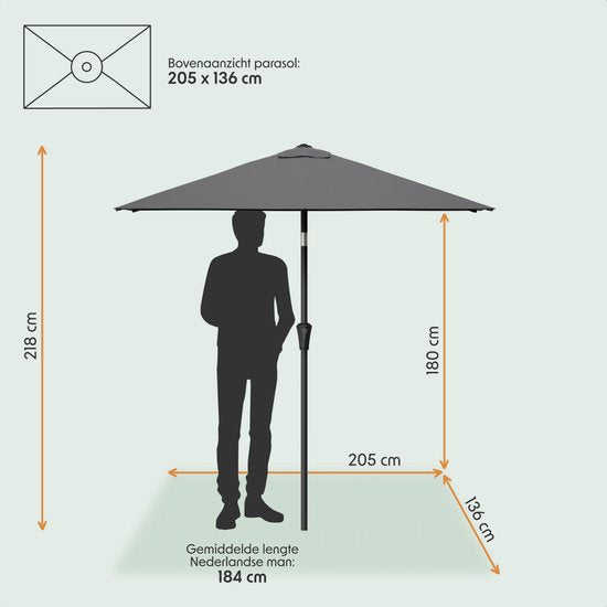 LifeGoods Parasol - Jardin - 210x140cm - 30° inclinable - Imperméable - UPF50+ - Gris foncé