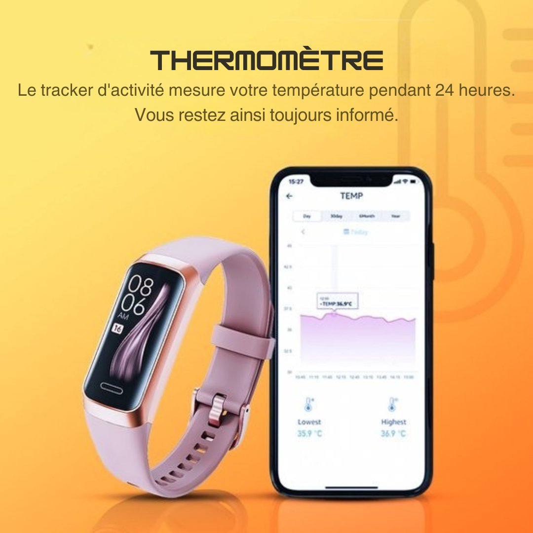 Montre connecté Otiume Activity - Avec podomètre et cardiofréquencemètre - Montre sport - Smartwatch - Pour femmes, hommes et enfants - Fitness Tracker - Tensiomètre - Rose