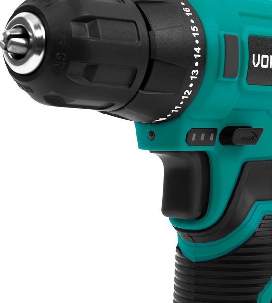 VONROC Perceuse à batterie 12V - Comprend une batterie, un câble USB et un jeu de forets et d'embouts de 16 pièces.