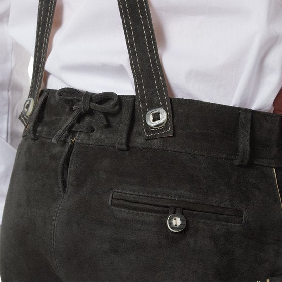 dressforfun - Authentique Lederhosen courte Jannis - Avec ceinture et bretelles - Cuir véritable - Noir - 50 - Oktoberfest Dress Man - Costume d'homme - Dress Up - Costume allemand - Robe de carnaval - Gilet de costume - Pantalon traditionnel en cuir