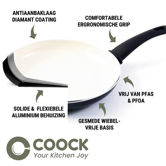 COOCK Batterie de cuisine à induction 19 pièces - Revêtement spécial antiadhésif - Poignées ergonomiques à froid - Aluminium recyclé - Ensemble de poêles à frire - Ensemble de casseroles - Noir/Blanc - Sous-verres et livre électronique inclus