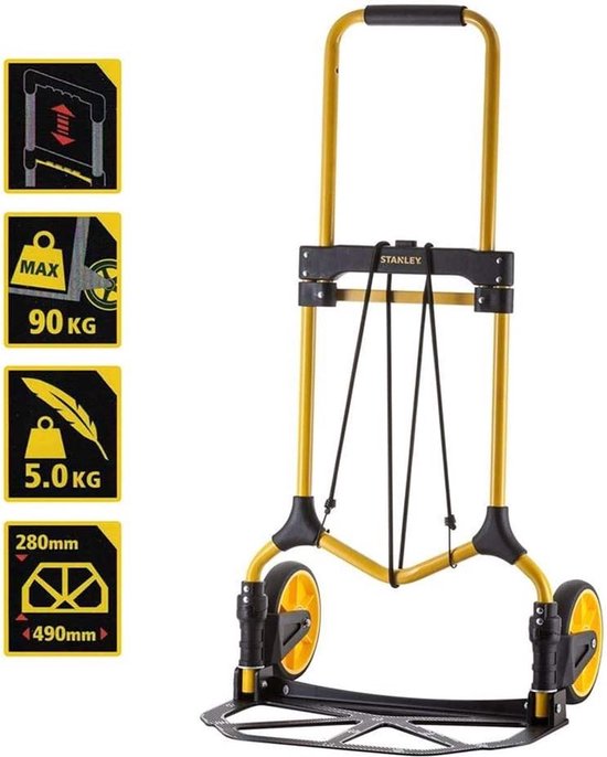 Stanley Foldable Trolley FT582 - Capacité de charge jusqu'à 90KG - Chariot de transport - 50 x 45 x 98 CM - Aluminium léger - Noir/jaune