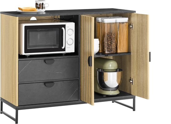 SoBuy Armoire de cuisine Buffet Buffet avec compartiment pour micro-ondes (Ø6 cm) et porte à lamelles - armoire à micro-ondes, buffet, armoire multifonction pour la cuisine et le séjour, chêne-noir 107×40×85 cm FSB103-N