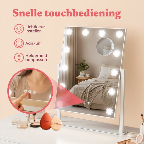 Fraay® Hollywood Mirror with Lighting 41x30cm - 3 Light Stages - Make-up Mirror with 10x Magnification Mirror - LED Spot Lighting Dimmable - Incl. Beauty Blenders and Powder puff