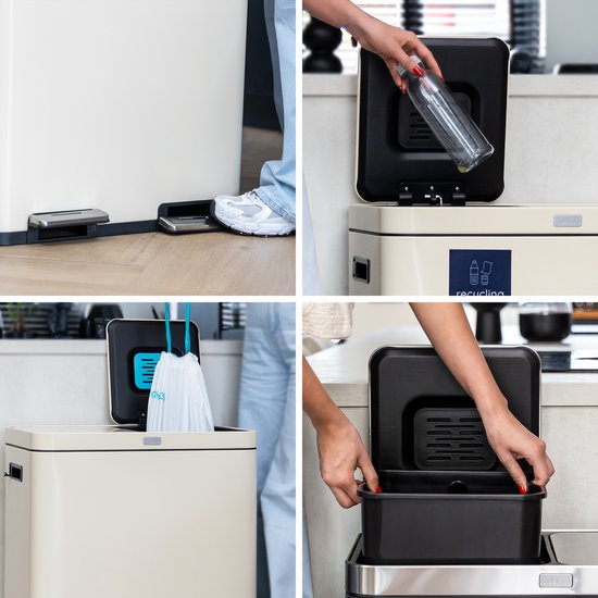 Deleca Recycle Bin with 2 Compartments - 60 Litres (2x30) Waste Bin - Waste Separation / Deposit Container / Pedal Bin - Garbage Bin with FreshAura Odour Control - Slow Close - Stainless Steel Cream White