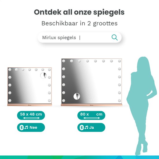 Mirlux Hollywood Mirror 80x60CM - 2 haut-parleurs Bluetooth - ports de charge USB et USB-C - éclairage LED - miroir de maquillage - zoom 10x - suspendu - or rose