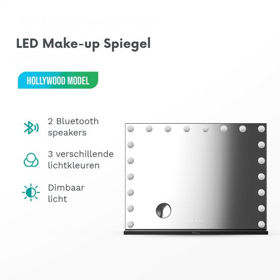 Mirlux Hollywood Mirror 80x60CM - 2 haut-parleurs Bluetooth - ports de charge USB et USB-C - éclairage LED - miroirs de maquillage - zoom 10x - suspendu - noir
