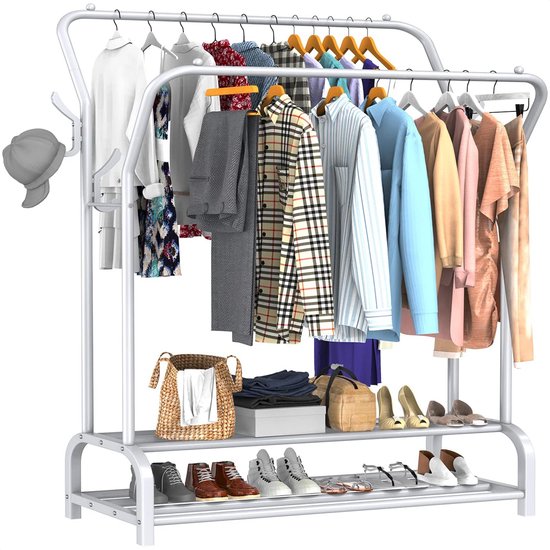 Avalo Rack à vêtements industriel Double Tige - Métal - 110x33x150 CM - Blanc - Rangement pour chaussures - Rack de penderie avec crochets