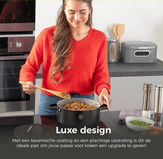 BE Living Essential Casserole avec couvercle - Ø 24 cm - Poêle de cuisson - Céramique - Sans PFAS - Induction - Noir
