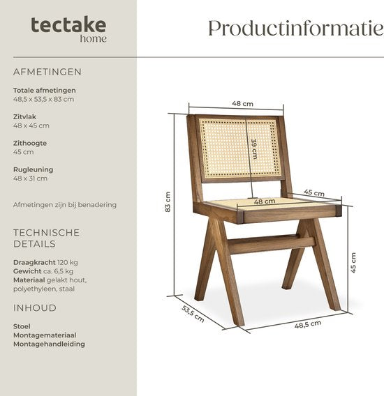 tectake® Wood Chair Lizzy - Light Oak - Chaise de salle à manger en osier de Vienne - Chaise de style Boho avec dossier - Structure en bois massif - Capacité de charge 120 kg