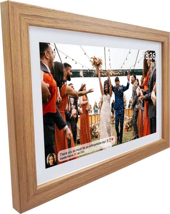 Denver Cadre Photo Numérique 15,6 Pouces - XL - Bois - Full HD - Application Frameo - Cadre Photo - WiFi - 8GB - Écran Tactile IPS - PFF1542LW