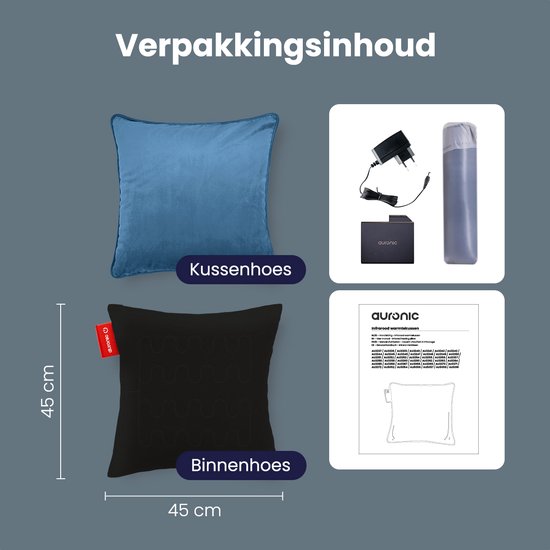 Auronic Heat Pillow - Velours - 45x45 - Sans fil - Rechargeable - Oreiller électrique - Infrarouge - Bleu-gris