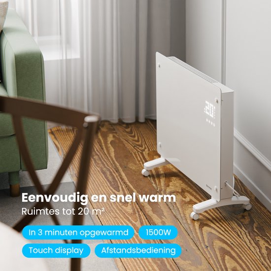 Auronic Electric Heater - Convector Heater with Thermostat and Remote Control - Glass Panel Heater - 1500W Heater - White