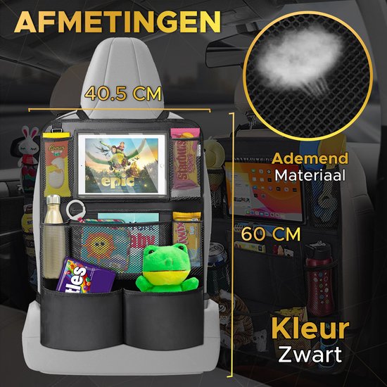 Toivo Set of 2 Luxury Car Seat Organiser - Water-repellent Oxford Material - Black - Tablet Holder - Car Organizer