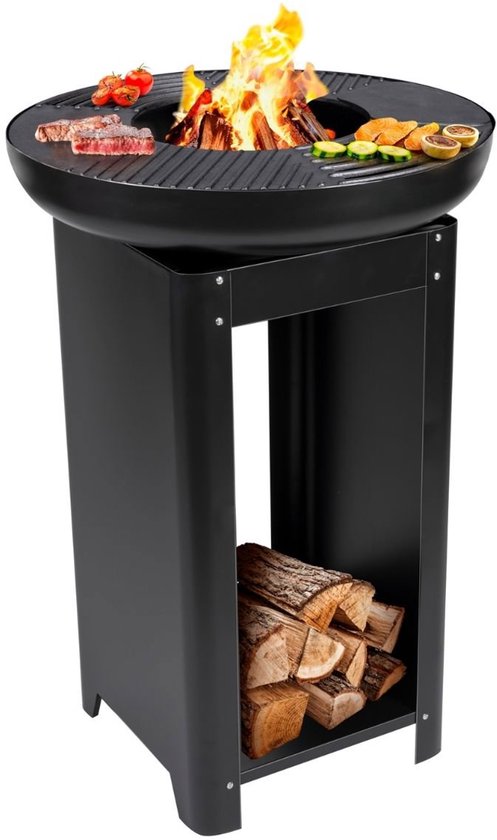 alpina 3-in-1 Fire Pit and Griddle - Foyer de jardin 61 x 90 cm - avec gril Teppanyaki - Plancha BBQ avec rangement pour le bois de chauffage - Foyer d'extérieur - Métal