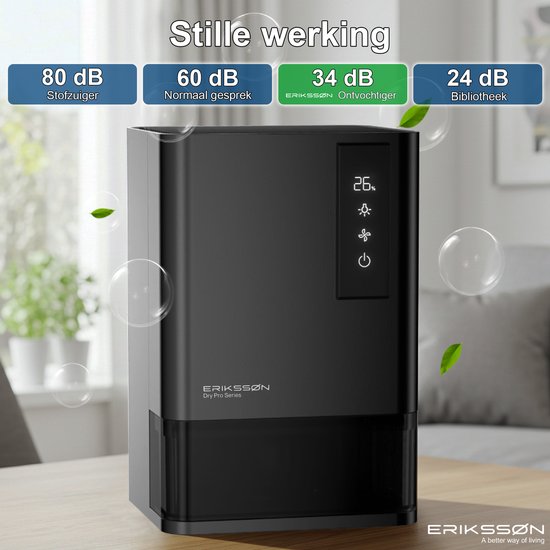 Déshumidificateur Erikssøn Dry Pro Series - Déshumidifie jusqu'à 1,2 litre par jour - Convient à la maison, à la chambre à coucher, à la salle de bain, au salon et au sous-sol - Déshumidificateur - Noir