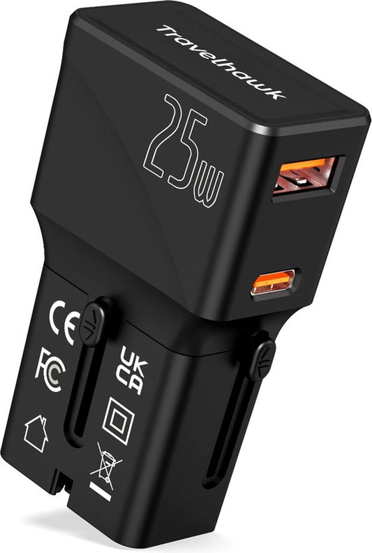 TravelHawk Universal World Plug avec USB-C et port USB - Prise de voyage - Prise de voyage internationale pour 150+ pays - Amérique (USA) - Angleterre (UK) - Australie - Asie - Amérique du Sud - Afrique - Prises mondiales - Noir