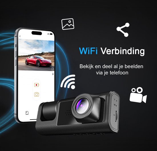 Tech Essentials® Dual Dashcam S1-Wifi pour voiture - Avec caméra arrière universelle - Full HD - Avec carte Micro SD 64GB - Avec vision nocturne - APP | Avant et arrière