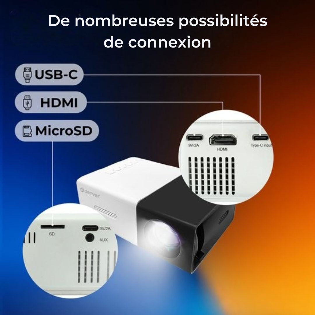 Mini vidéo-projecteur Denver Full HD - Streaming depuis votre téléphone (USB-C) - Mini projecteur - Télécommande incluse - HDMI/AUX/USB-C - PR800 - noir
