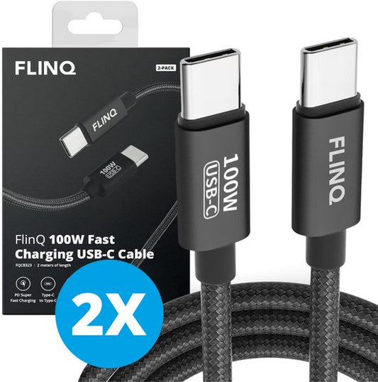 FlinQ - 2x USB C to USB C Cable 100W - Chargeur rapide pour Smartphone, Tablette - Câble de données et chargeur - Câble de charge en nylon de 2 mètres de long
