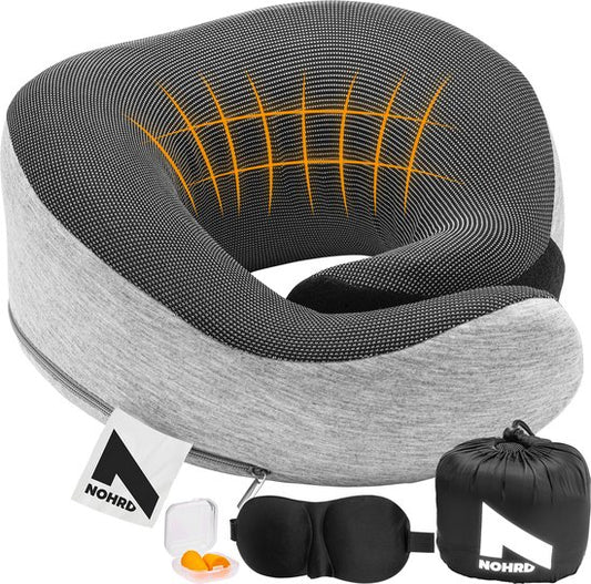 NOHRD Oreiller cervical pour avion - Oreiller de voyage - Gris - Mousse à mémoire de forme - Bouchons d'oreille, masque de sommeil et sac de transport inclus - Mousse à mémoire de forme - Soutien cervical