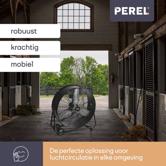 Perel Ventilateur de sol, Ø 75 cm, ventilateur de tambour, ventilateur de sol sur pied avec tambour, mobile, industriel, 2 vitesses, métal, noir, intérieur/extérieur, 35.5 kg