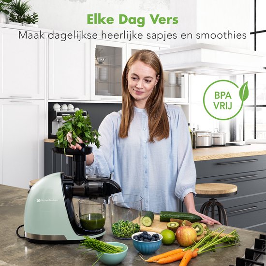 KitchenBrothers Slowjuicer - Presse-agrumes - Presse-légumes et fruits - 700ml - Avec récipient à pulpe - Extracteur de jus - Cadeau de fête des mères - Vert pastel