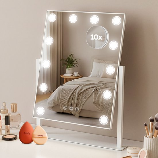 Fraay® Hollywood Mirror with Lighting 41x30cm - 3 Light Stages - Make-up Mirror with 10x Magnification Mirror - LED Spot Lighting Dimmable - Incl. Beauty Blenders and Powder puff