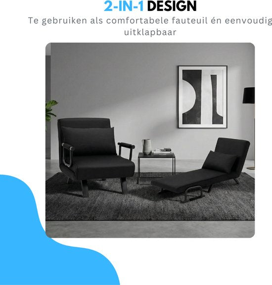 Livista 3-in-1 Fauteuil-lit pliant chargeable jusqu'à 100 kg Noir - Canapé-lit pliant avec dossier réglable - Lit-lit design moderne - Fauteuil-lit