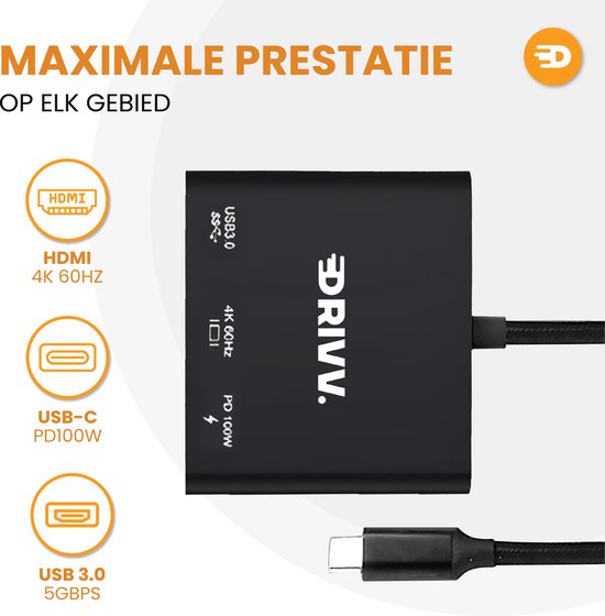 Drivv. Adaptateur USB C vers HDMI 3 en 1 - HDMI 4K 60hz - USB 3.0 - PDW 100w - Noir