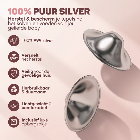 Vulpes Goods® Babycare Silver Nipple Caps - Bonnets d'allaitement - Argent pur 999 - Hypoallergénique et réutilisable - Protège-mamelons pour l'allaitement - Taille L - Etui de rangement inclus