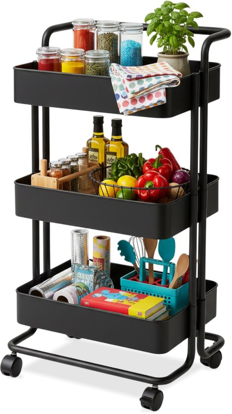 Chariot de cuisine à roulettes - 3 étages - Chariot de cuisine - Chariot de service - Armoire - Chariot - Rangement - Armoires de douche sur pied - Rack - Noir - Luft