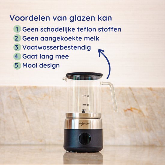 Safecourt Kitchen Glass Milk Frother - Mousseur à lait électrique - Cruche en verre & sans PFAS - Lavable au lave-vaisselle - Noir - MF700