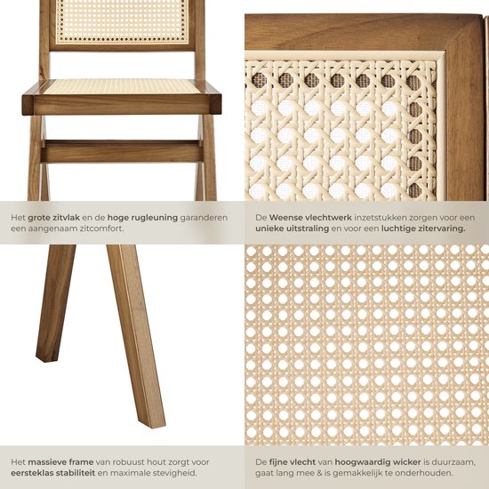 tectake® Wood Chair Lizzy - Light Oak - Chaise de salle à manger en osier de Vienne - Chaise de style Boho avec dossier - Structure en bois massif - Capacité de charge 120 kg