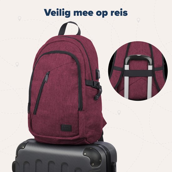 TRVLMORE Sac à dos avec durée de vie - Sac à dos avec compartiment pour ordinateur portable de 15,6 pouces - Cartable - Résistant aux éclaboussures - Hommes et femmes - Garçons et filles - 25L - Bourgogne
