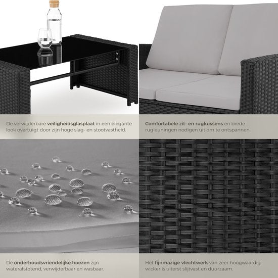 tectake® Ensemble de jardin en osier pour 4 personnes - Banc de jardin 2 places et 2 chaises de jardin - Table avec plateau en verre amovible - Coussins d'assise et de dossier confortables - Ensemble de salon pour jardin, terrasse, balcon - Noir