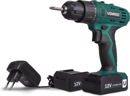 VONROC Perceuse sans fil - 12V Li-Ion - Incluant 2x batteries, chargeur rapide, embouts de vissage et sac de rangement