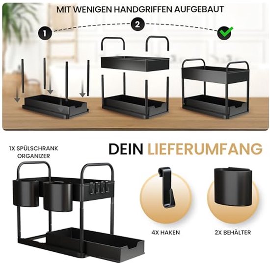 HELDENWERK Etagère d'évier pour meuble bas d'évier, réglable en hauteur sur 2 niveaux en noir, rangement de cuisine, meuble bas, étagère à épices, rangement de meuble bas d'évier