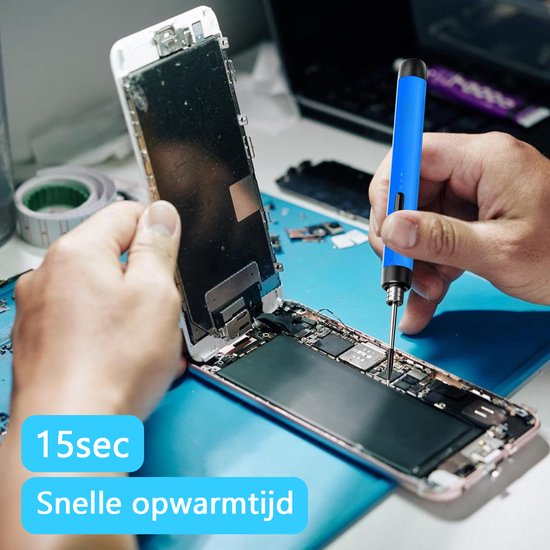 Tech Essentials Fer à souder sans fil - 8W - USB-C - Avec étain - Kit - Soudure fine - Stylo - Batterie - Set de soudure - Souder - Outil électrique - Bleu