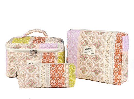 Skycases Travel Essentials - Trousse de maquillage 3 pièces - Coton écologique - Organisateurs floraux matelassés - Spacieuse, durable et idéale pour les voyages