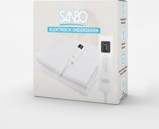Couverture électrique Sanbo - 2 personnes - 150 x 160 cm - Lavable en machine - Sous-couverture - 7 étapes - Avec boucles d'angle