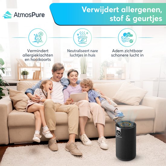 AtmosPure® CleanAir Air Purifier - Purificateur d'air avec filtre HEPA 13 + filtre à charbon remplaçable - CADR 250 m³/h - Noir - Pour 98 m² - Lutte contre les acariens, le rhume des foins, les allergies, -3 modes + mode sommeil silencieux - Capteur de qu